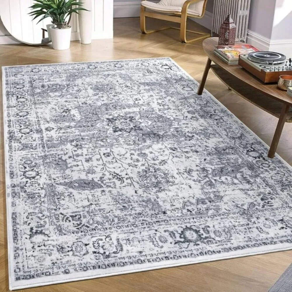 4x6 Grey Washable Area Rug, Soft Vintage Floral Low Pile Carpet for Room Decor